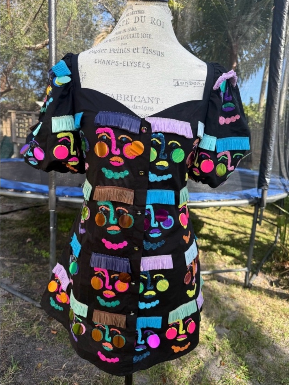 QUEEN OF SPARKLES Black Mini Dress with Neon Embroidered Faces size S EUC